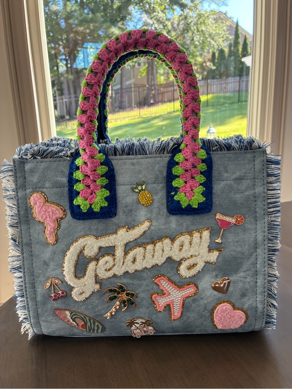 Aldo Denim Tote with Pink & Green Crochet Handles NWOT